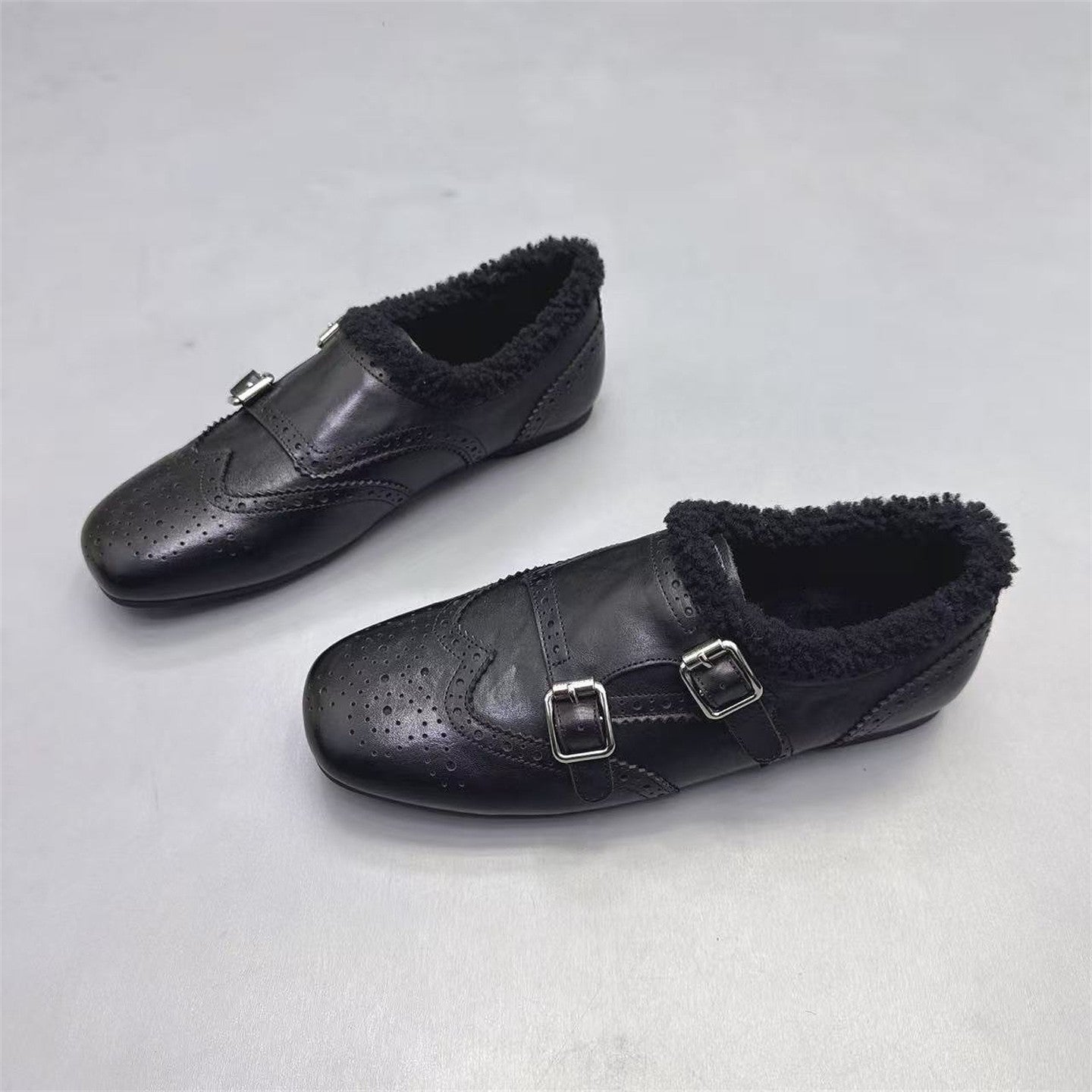 Faux Leather Brogue Shoes with Buckle