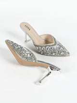 Glamorous Silver Rhinestone Heeled