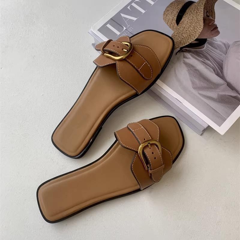 Square-Toe Buckle Slide Sandals