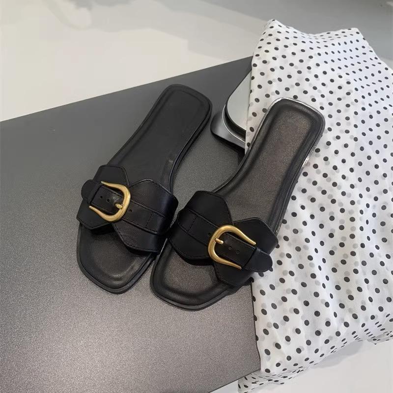 Square-Toe Buckle Slide Sandals