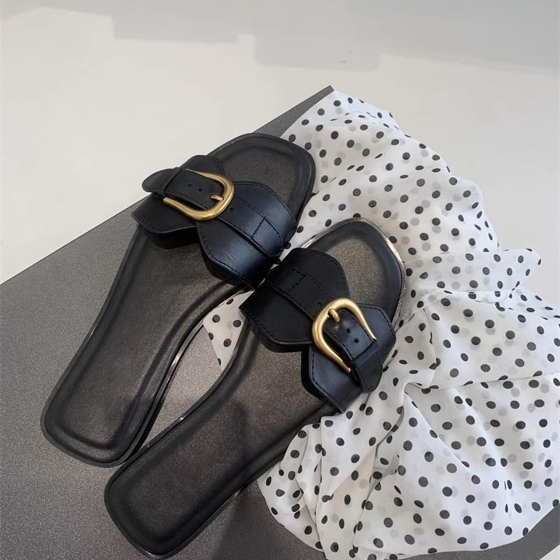 Square-Toe Buckle Slide Sandals