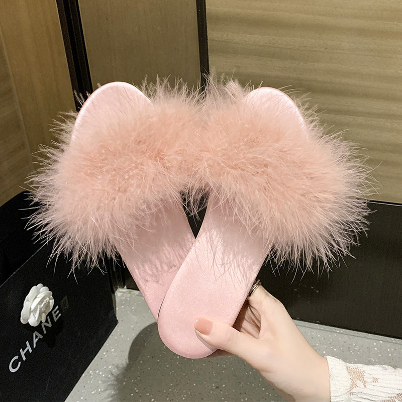 Plush Fur-Accented Slide Sandals