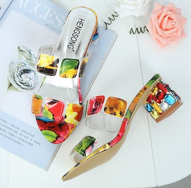 Abstract Block Heeled Sandals