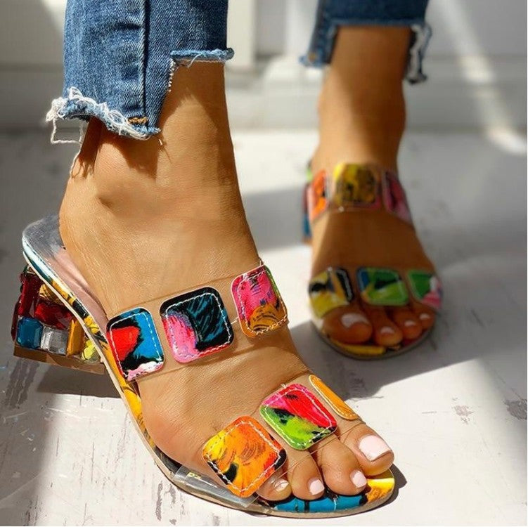 Abstract Block Heeled Sandals