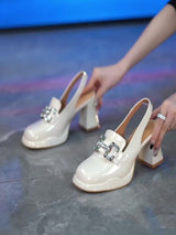 Block Heel Pumps with Embellished Buckle