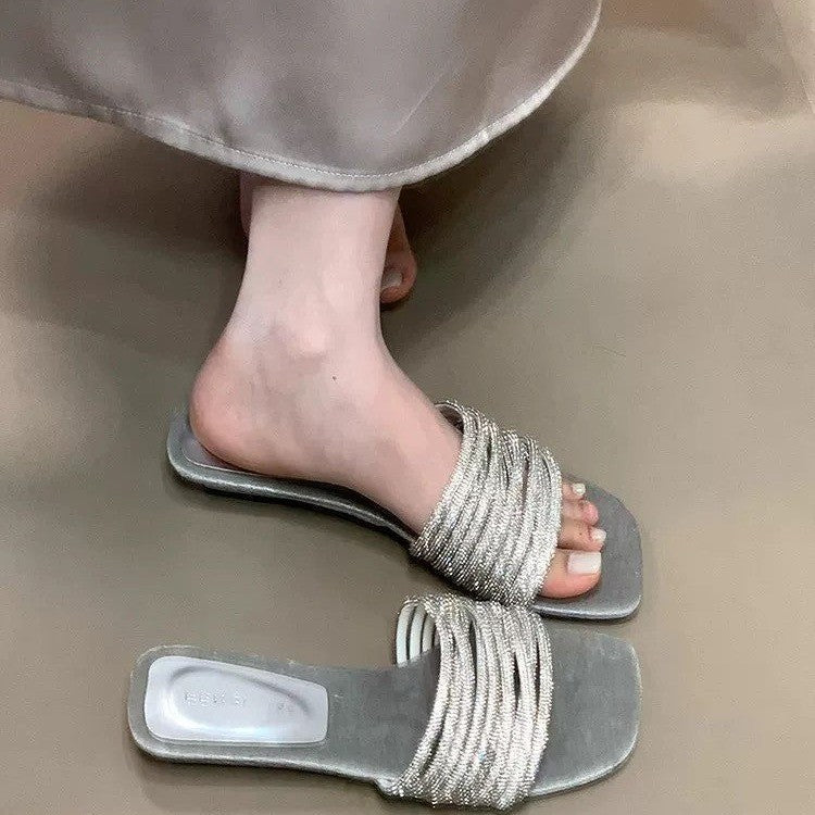 Silver-Embellished Slide Sandals