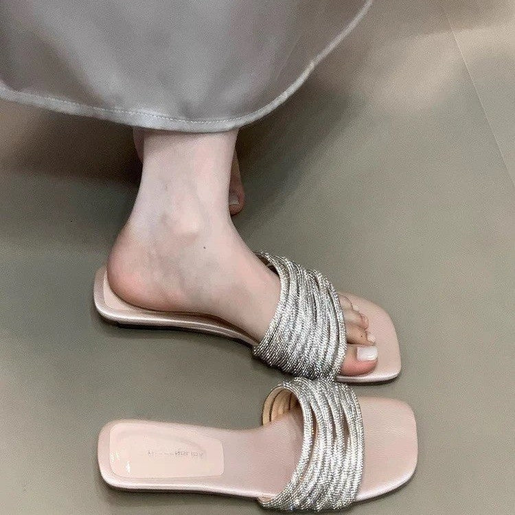 Silver-Embellished Slide Sandals
