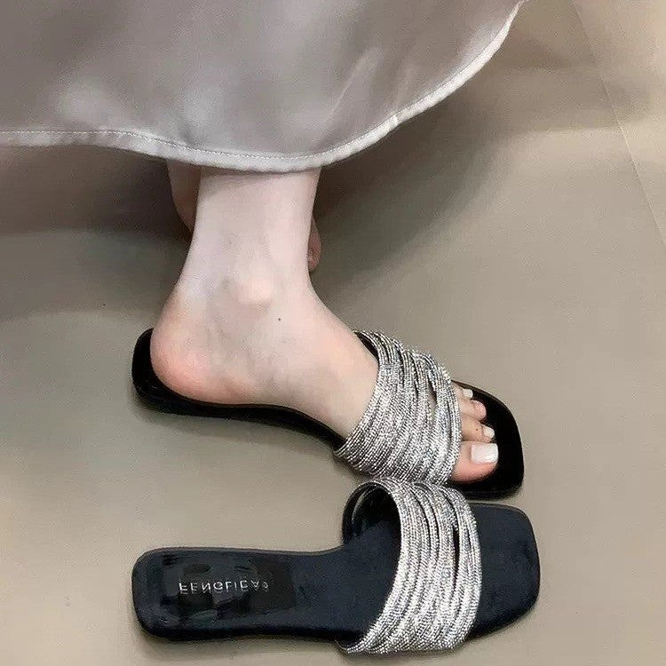 Silver-Embellished Slide Sandals