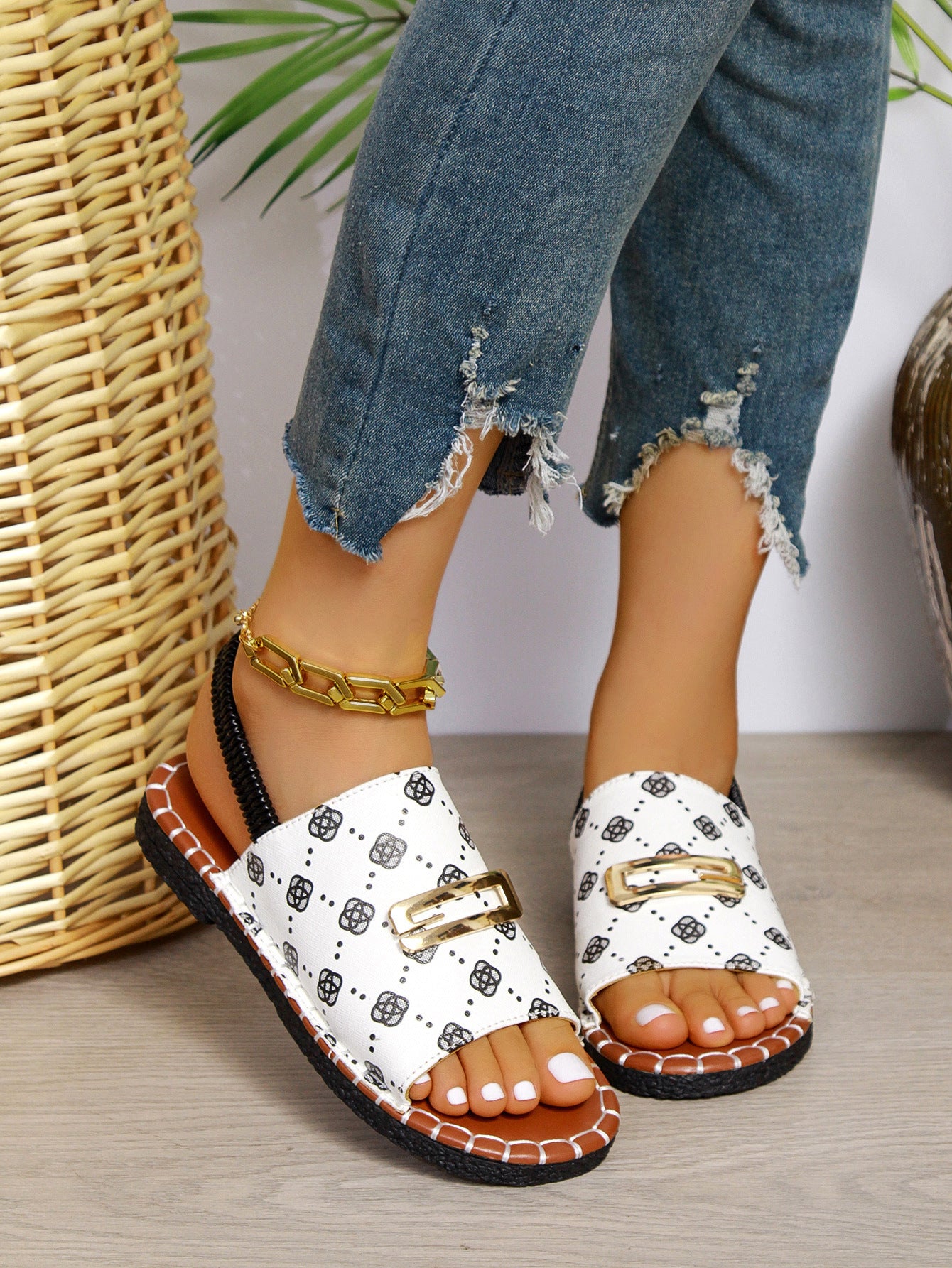 Open-Toe Patterned Sandals with Ankle Straps