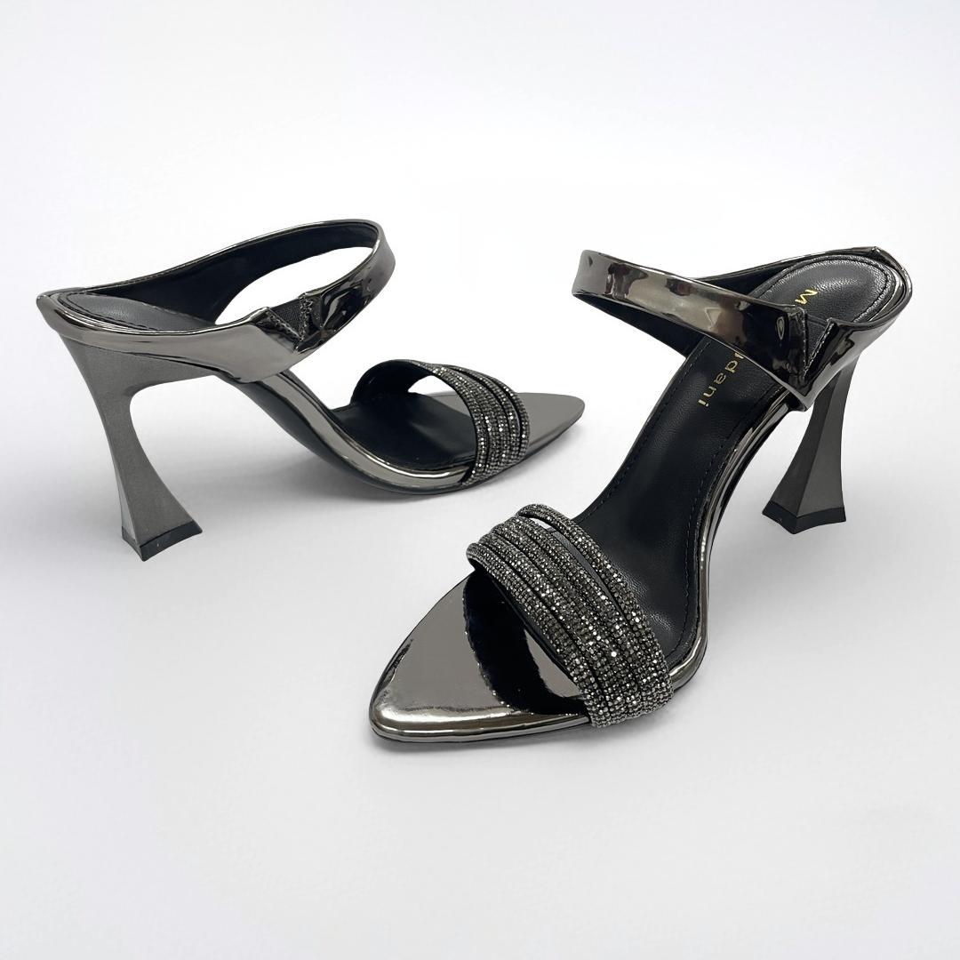 Black Strap Heeled Sandals with Rhinestones