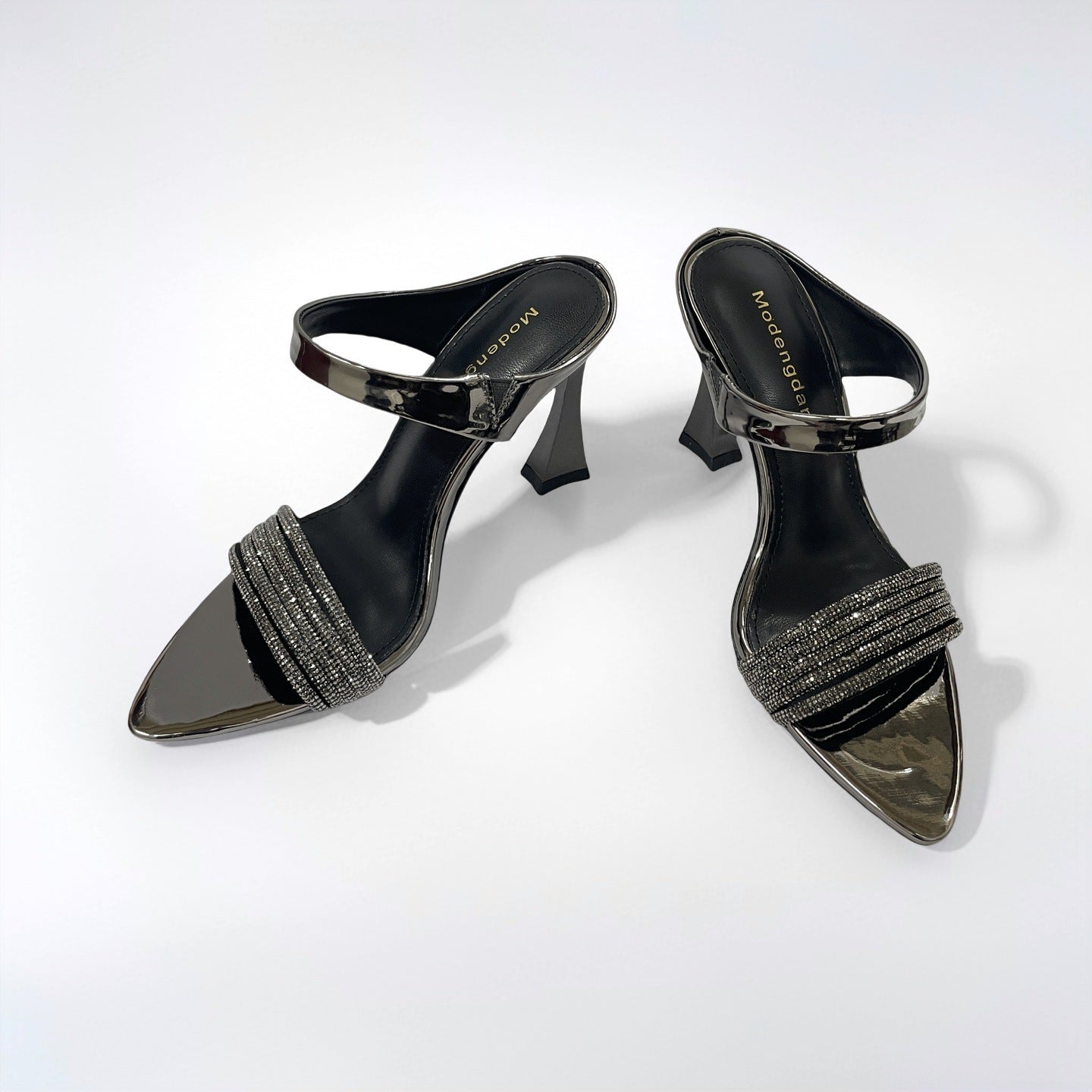 Black Strap Heeled Sandals with Rhinestones