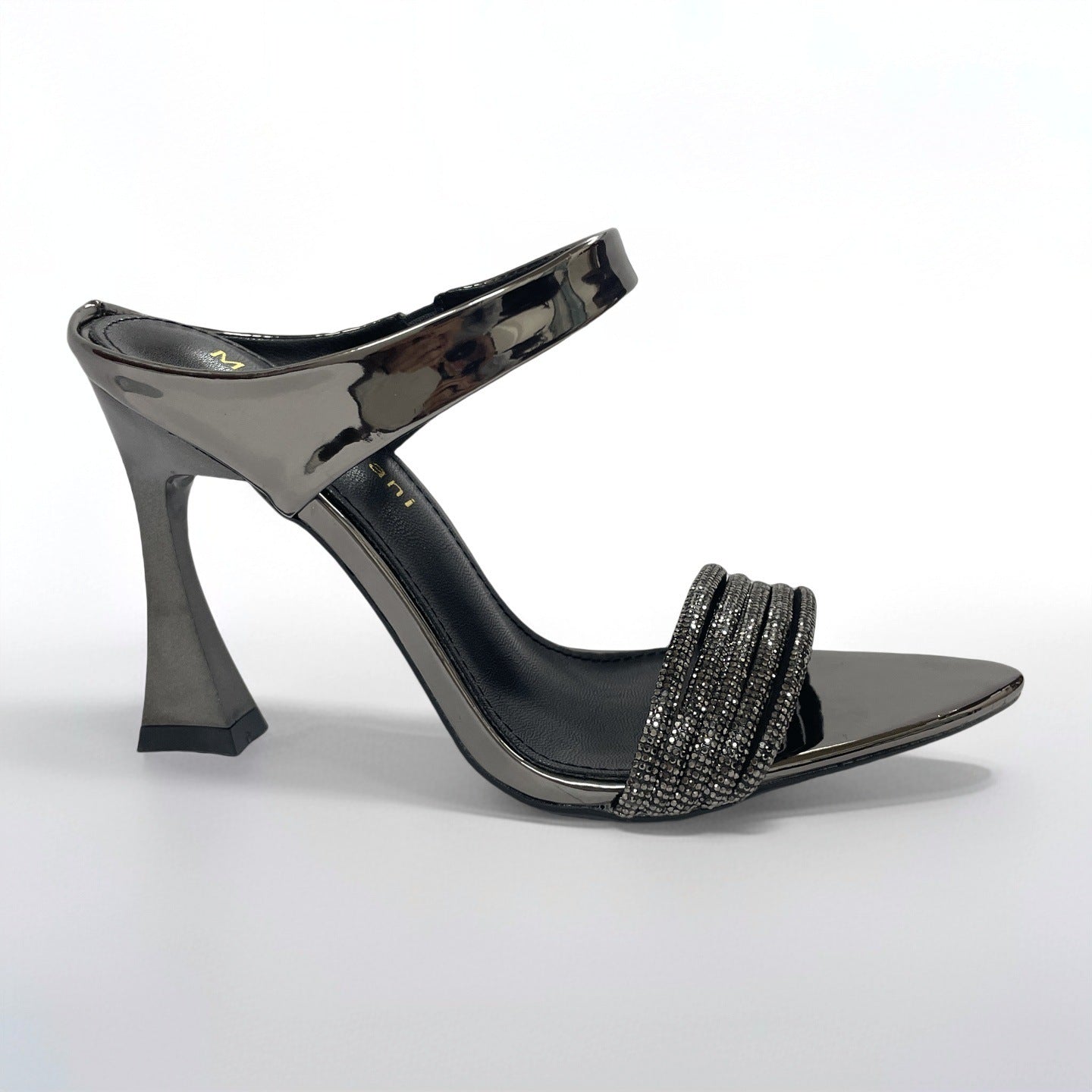 Black Strap Heeled Sandals with Rhinestones