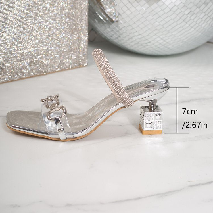Rhinestone Clear Strap Block Heel Sandals