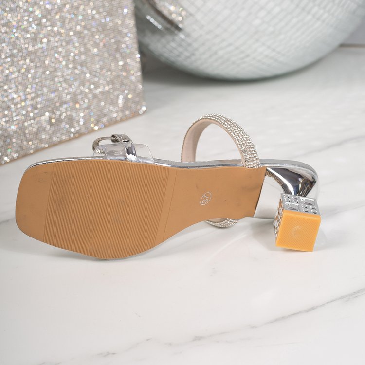 Rhinestone Clear Strap Block Heel Sandals