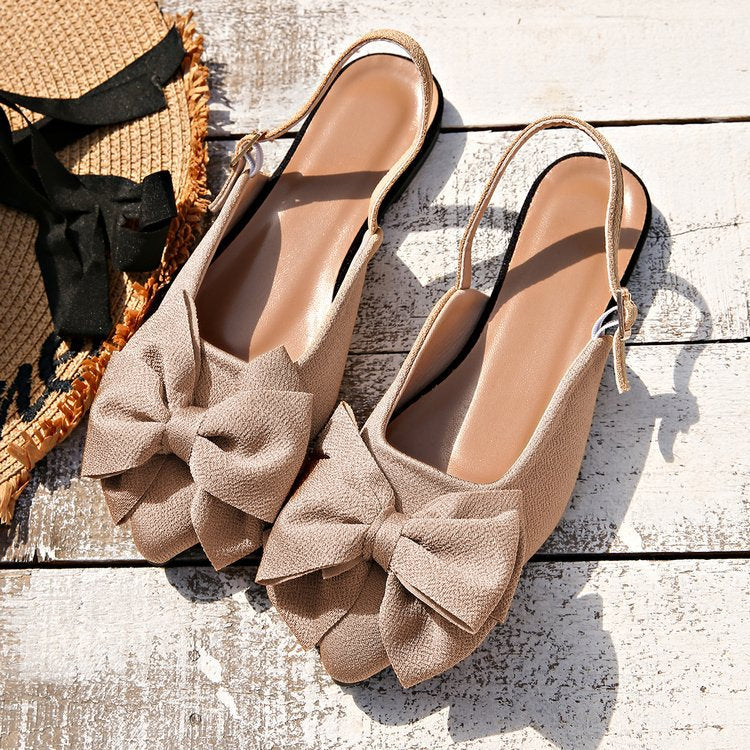 Elegant Taupe Pointed-Toe Oversized Bow Flats