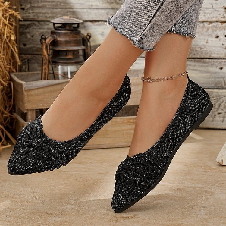 Shimmering Knit Pointed-Toe Bow Flats