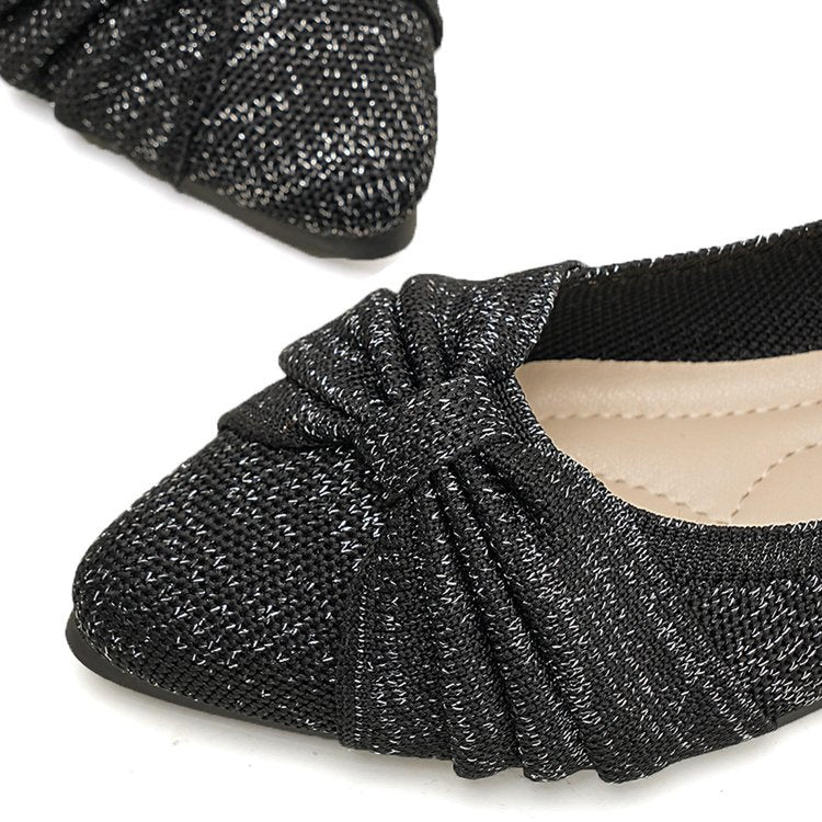 Shimmering Knit Pointed-Toe Bow Flats