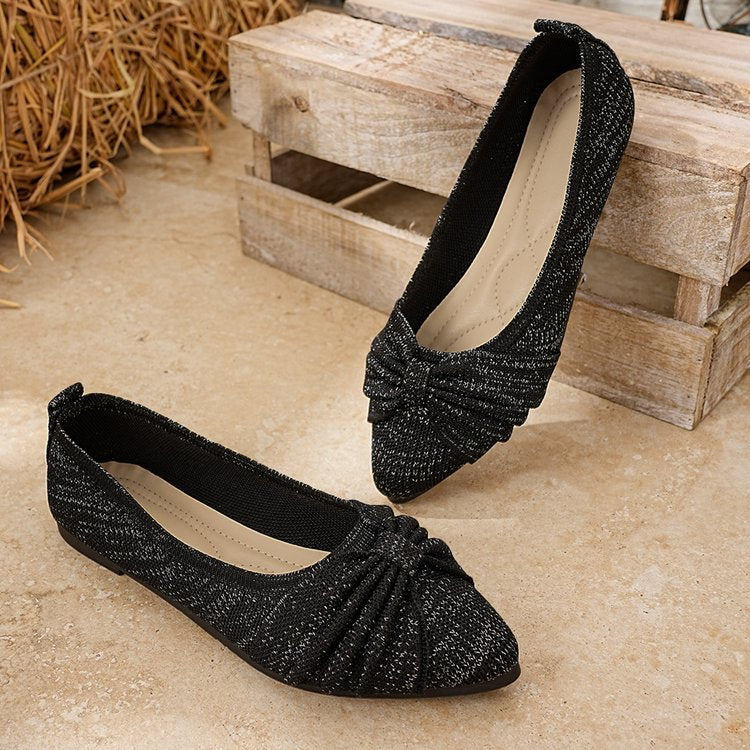 Shimmering Knit Pointed-Toe Bow Flats