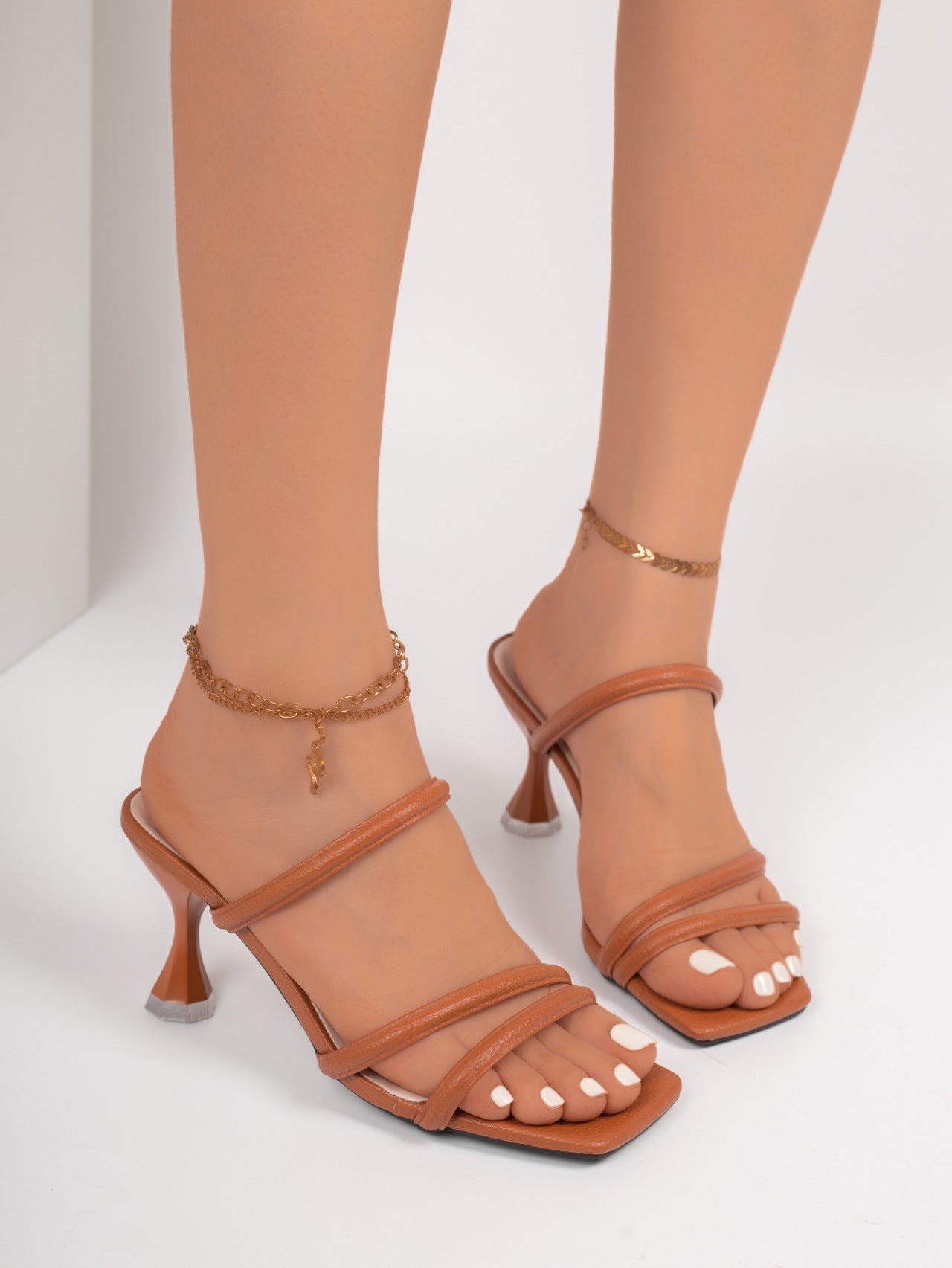 Cognac Triple-Strap Square-Toe Mules