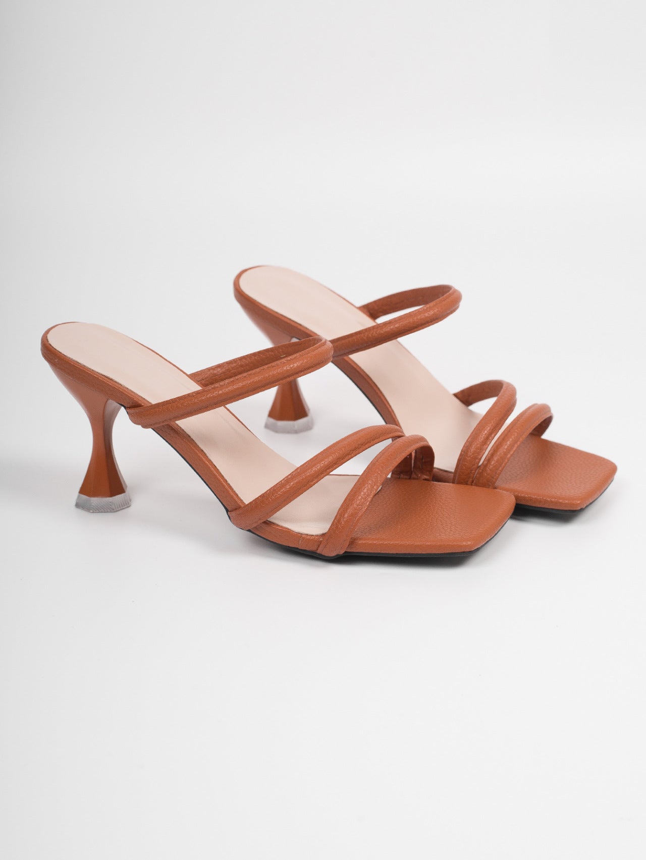 Cognac Triple-Strap Square-Toe Mules