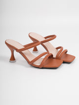 Cognac Triple-Strap Square-Toe Mules