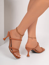 Cognac Triple-Strap Square-Toe Mules
