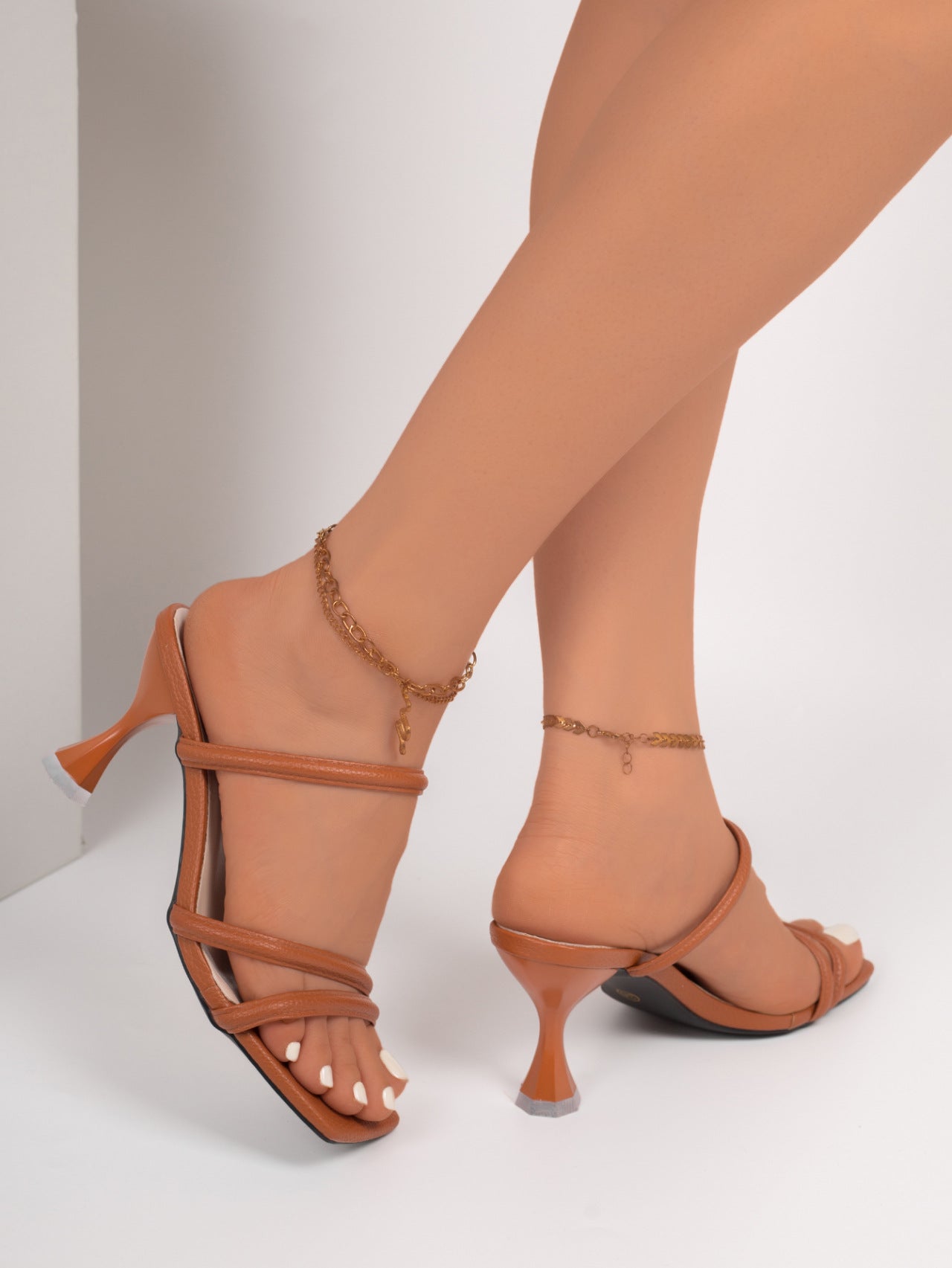 Cognac Triple-Strap Square-Toe Mules