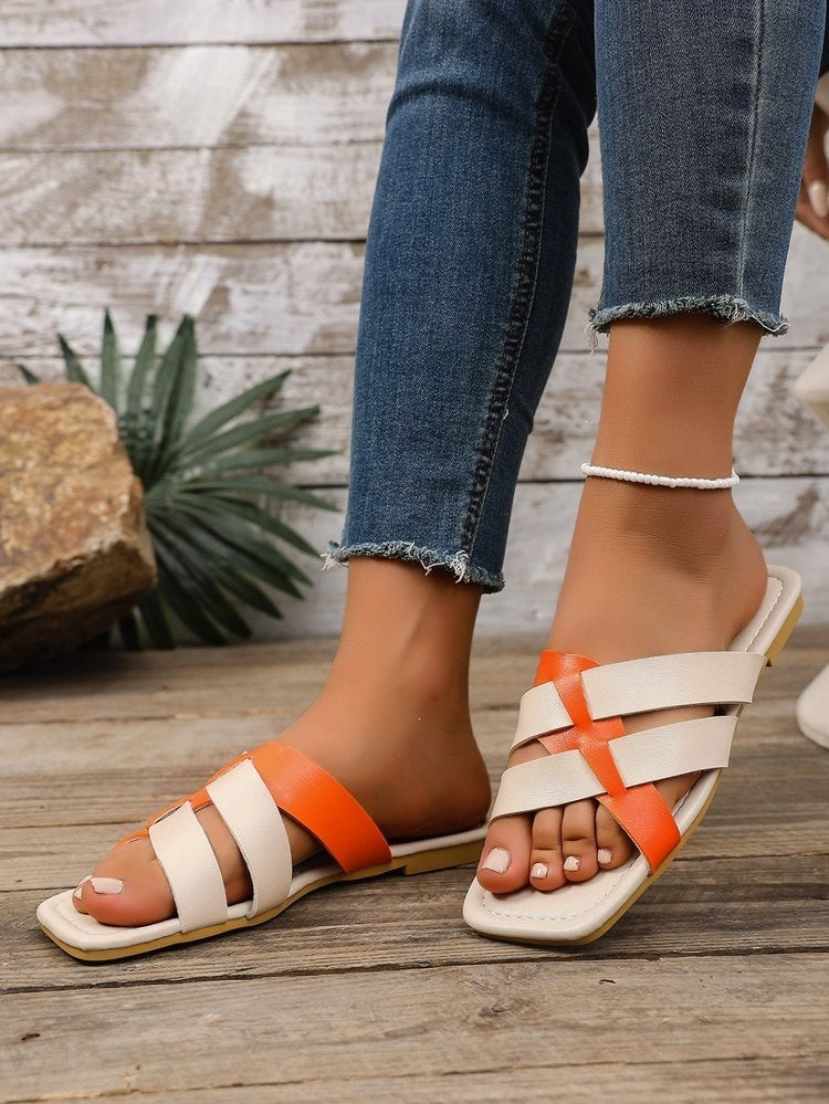 Color Block Cross Strap Flat Sandals
