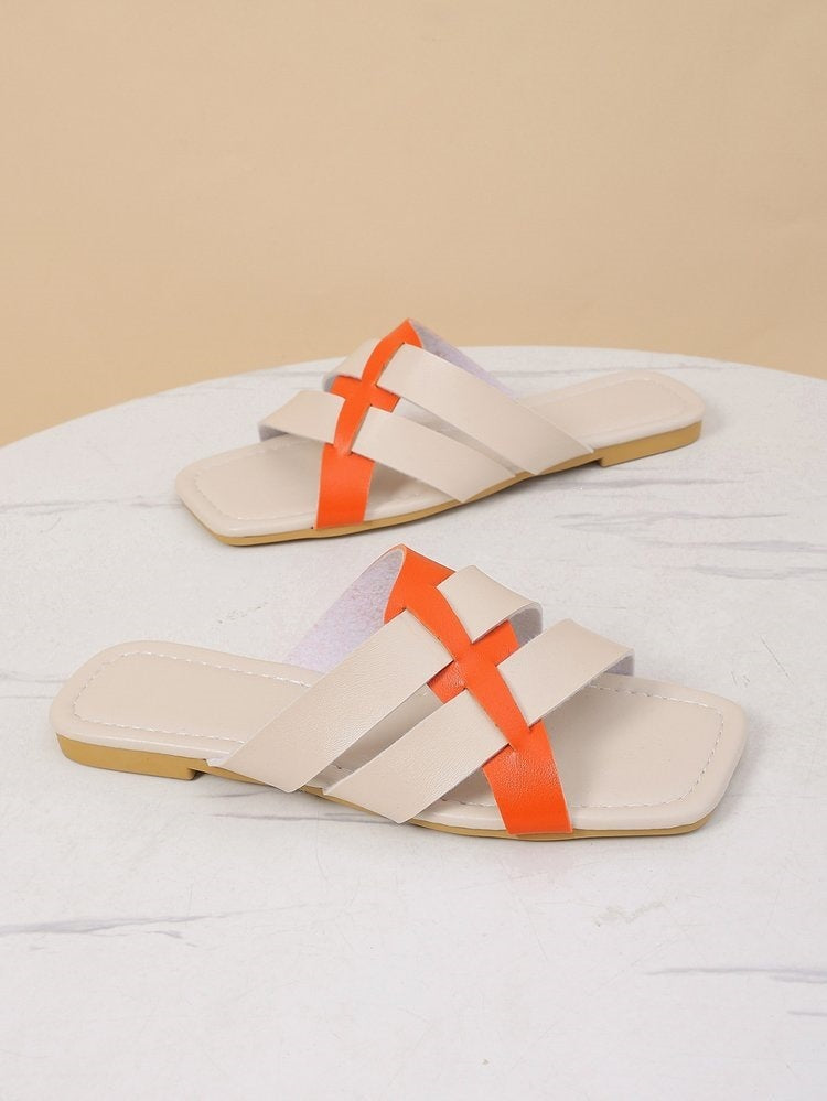 Color Block Cross Strap Flat Sandals
