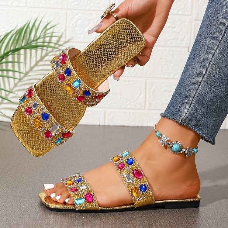 Women's Rhinestone Flat Slide Sandals