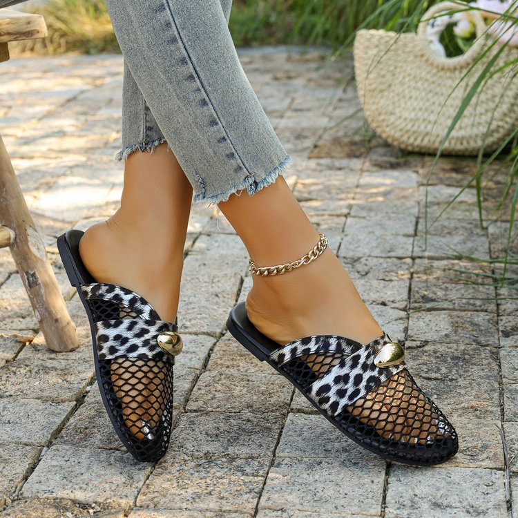 Leopard Print Mesh Slide Sandals