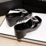 Rhinestone Buckle Clear Strap Block Heel Slides