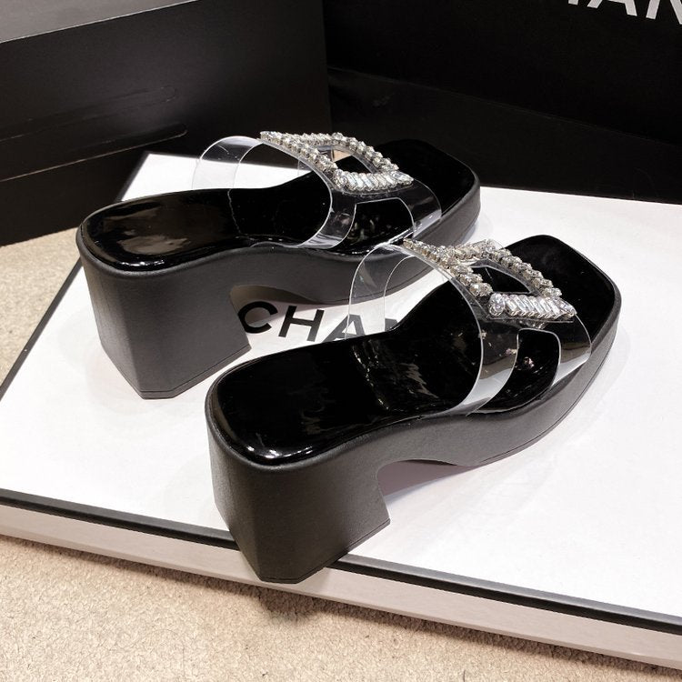 Rhinestone Buckle Clear Strap Block Heel Slides