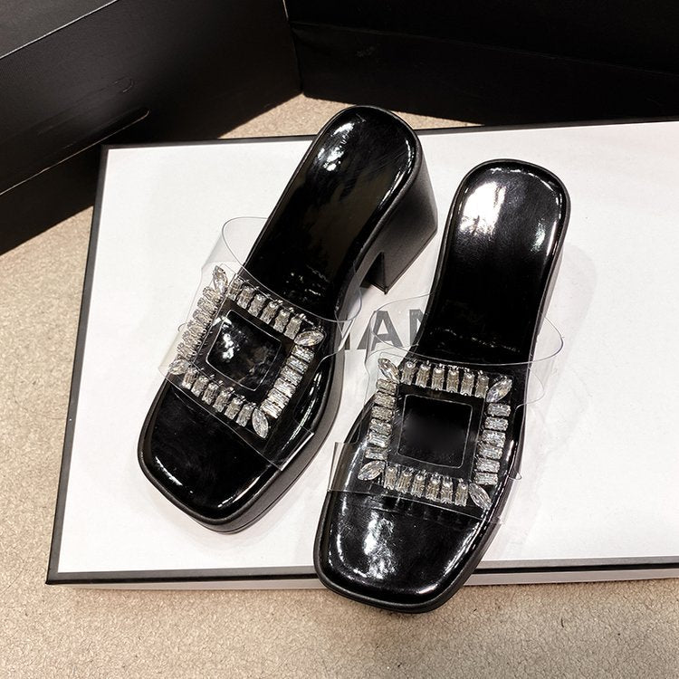 Rhinestone Buckle Clear Strap Block Heel Slides