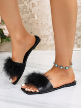 Faux Feather White Flat Slide Sandals