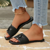 Women's Casual Black Slide Sandals with Metal Charm Detail