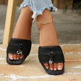 Women's Casual Black Slide Sandals with Metal Charm Detail