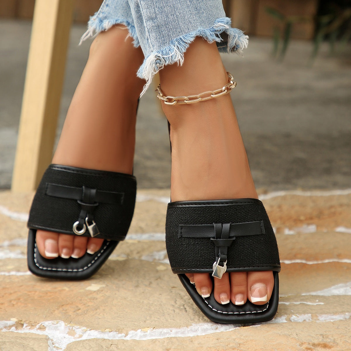Women's Casual Black Slide Sandals with Metal Charm Detail