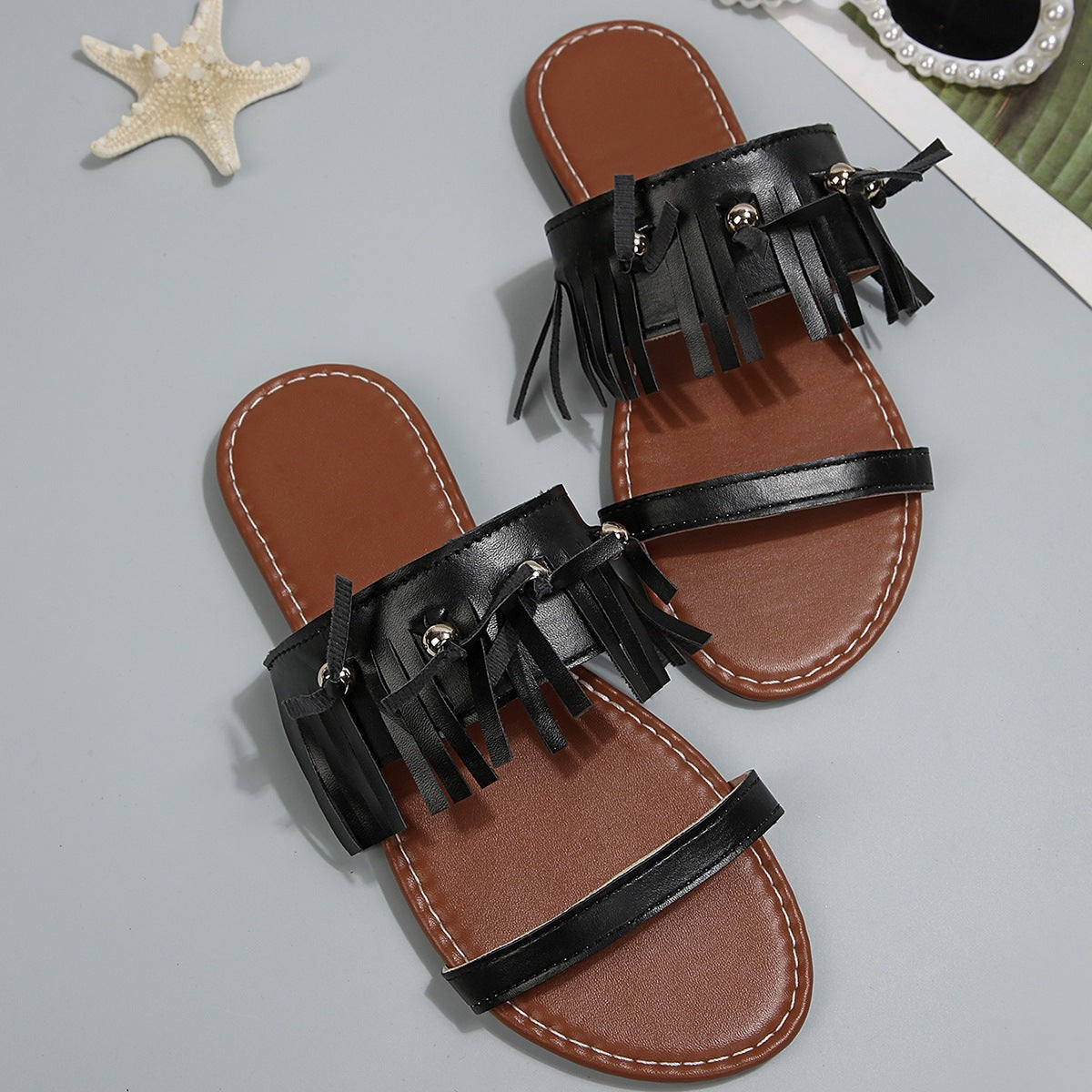 Women's Fringe Double Strap Flat Slide Sandals