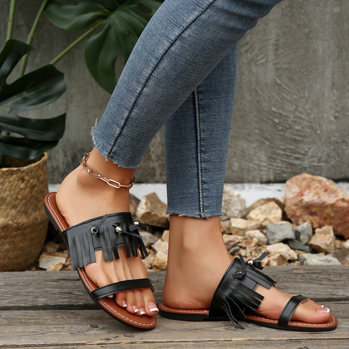 Women's Fringe Double Strap Flat Slide Sandals