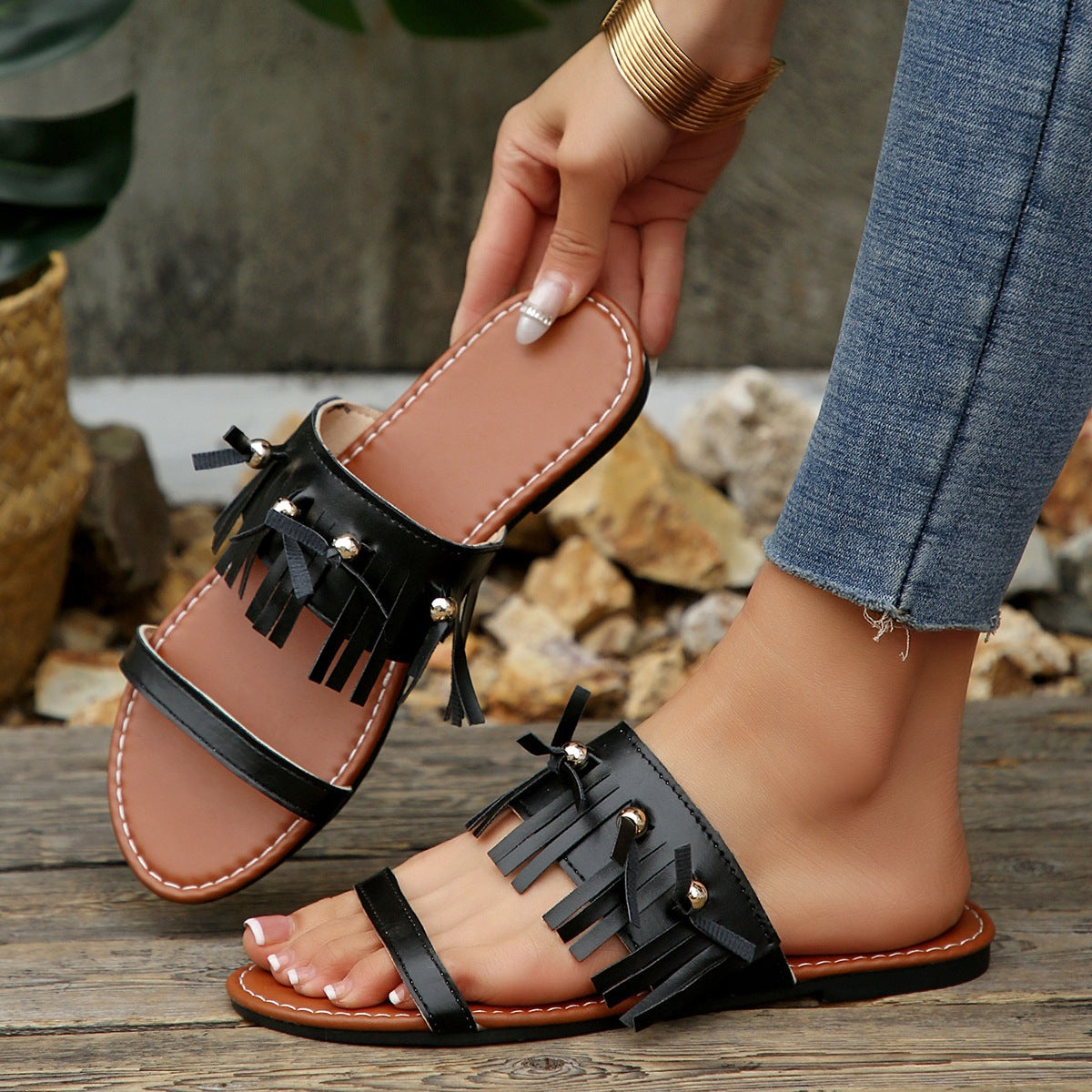 Women's Fringe Double Strap Flat Slide Sandals