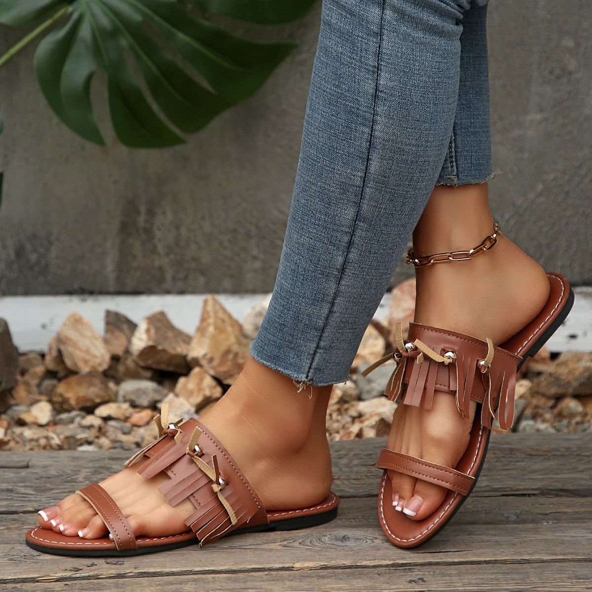 Women's Fringe Double Strap Flat Slide Sandals