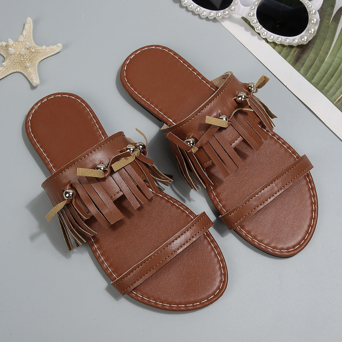 Women's Fringe Double Strap Flat Slide Sandals