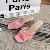 Women`s Lace Open Toe Kitten Heel Slide Sandals