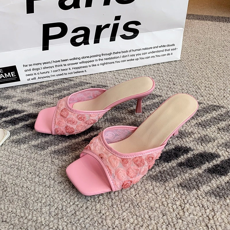 Women`s Lace Open Toe Kitten Heel Slide Sandals