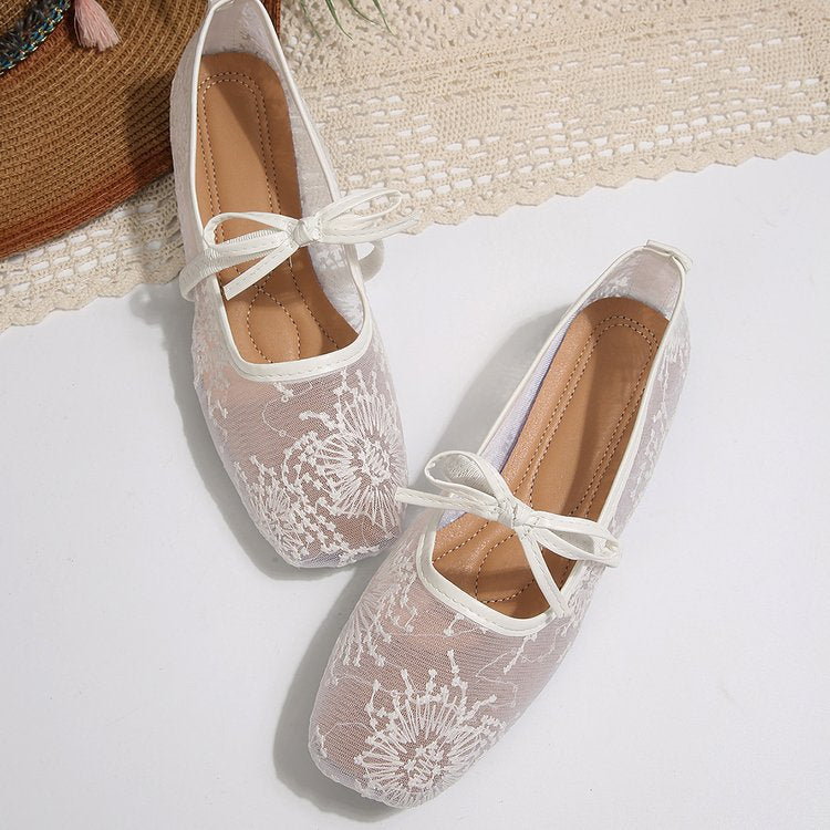 Women`s Lace Mesh Bow Ballet Flats Slip On Shoes