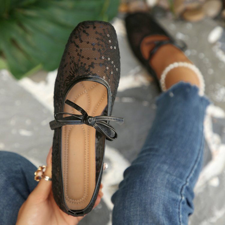 Women`s Lace Mesh Bow Ballet Flats Slip On Shoes