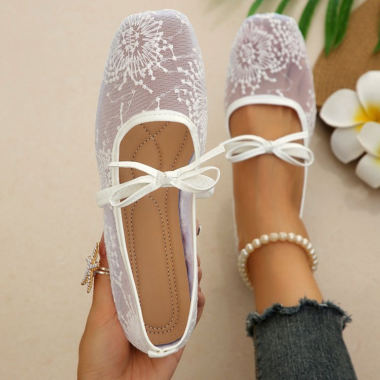 Women`s Lace Mesh Bow Ballet Flats Slip On Shoes