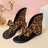 Women's Leopard Print Bow Flat Sandals