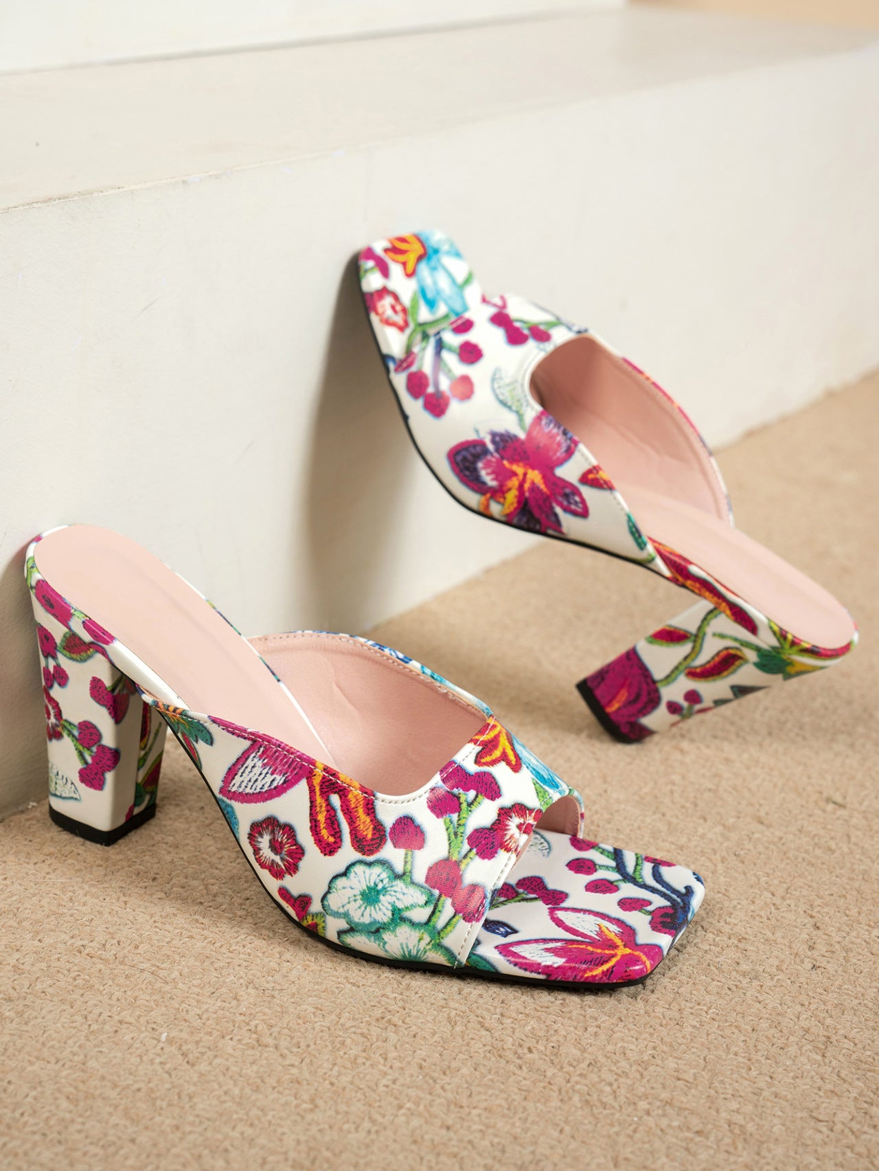 Floral Open-Toe Block Heel Mules